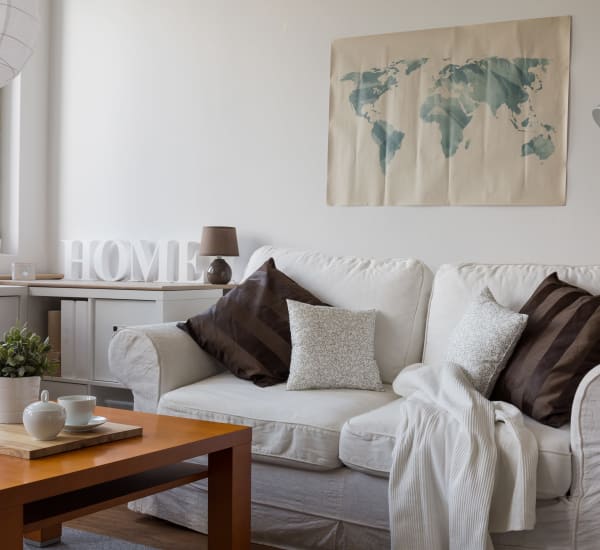 An apartment living room with a couch and throw pillows at The Lively Indigo Run in Ladson, South Carolina The Lively Indigo Run in Ladson, South Carolina