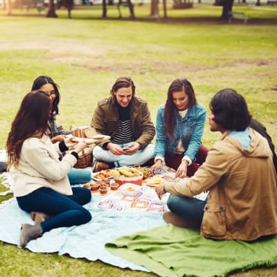 Group of friends enjoying a picnic together at The Oasis at Regal Oaks in Charlotte, North Carolina