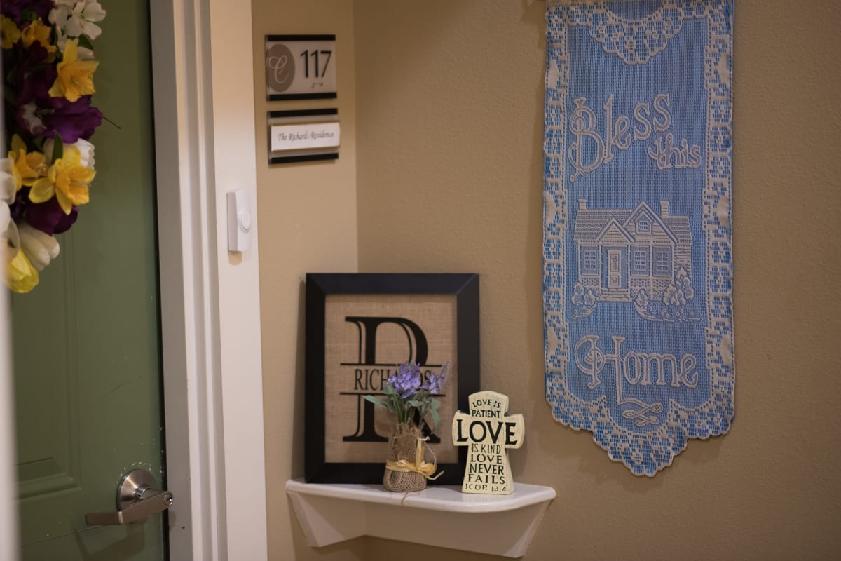 Personalized entries make each resident feel at home at The Claiborne at Hattiesburg Assisted Living in Hattiesburg, Mississippi. 