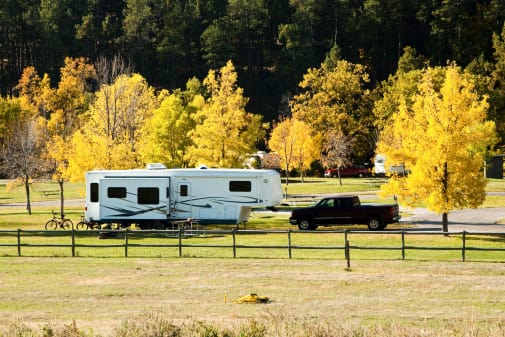 RV on autumn winding road in Reading, Pennsylvania