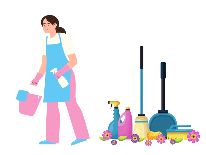 cartoon image of a woman in a blue apron, white shirt and pink pants cleaning with a mop bucket and spray bottle with cartoon cleaning supplies behind her