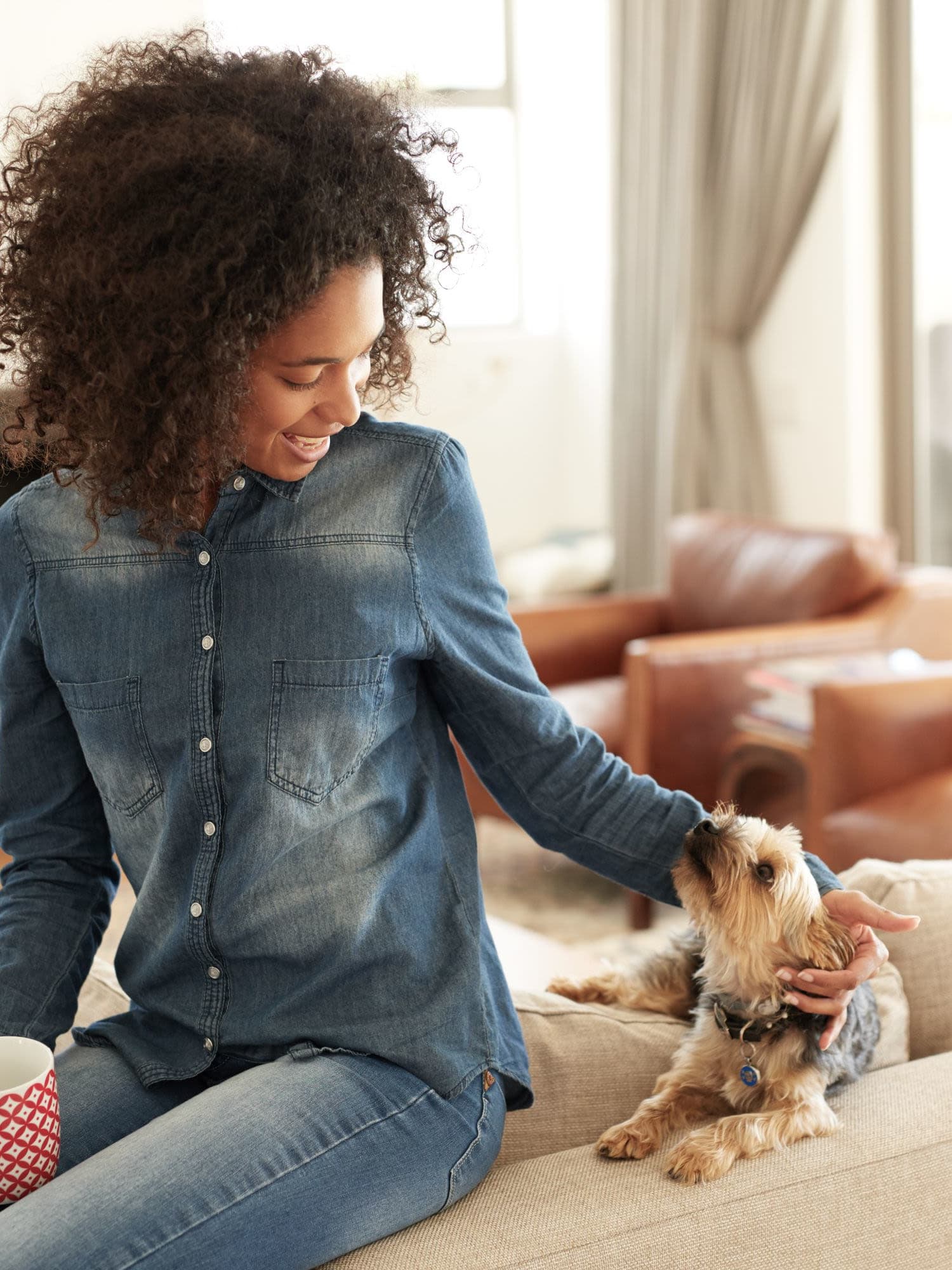 Young resident petting her dog on the couch at Monroe Terrace Apartments in Monroe, Ohio