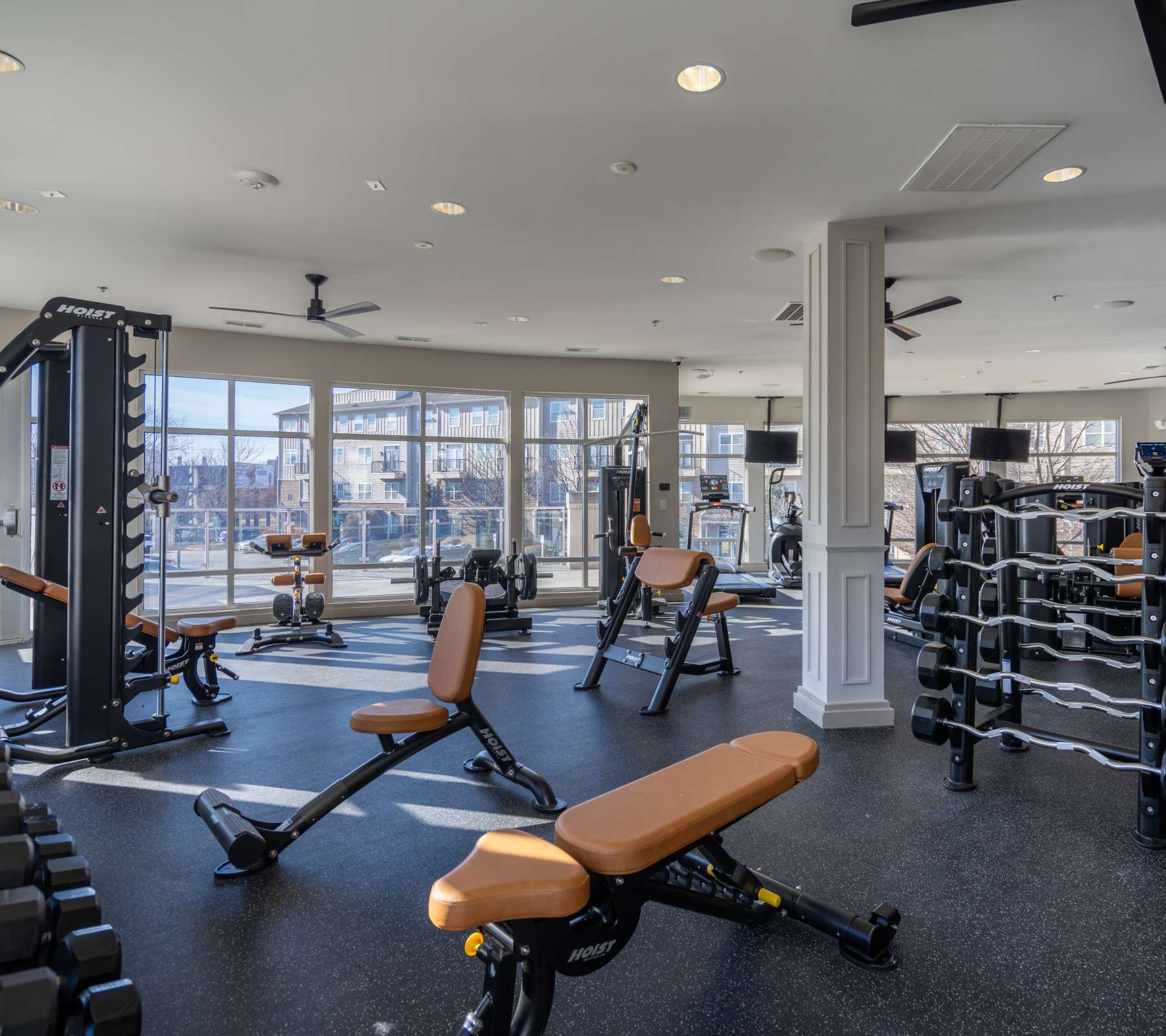 Very well-equipped onsite fitness center at The James in Richmond, Virginia