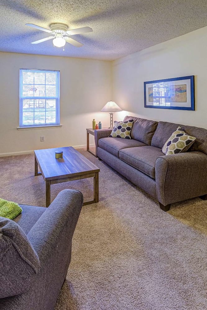 Spacious living room with plush carpeting at Hunters Point in Zionsville, Indiana