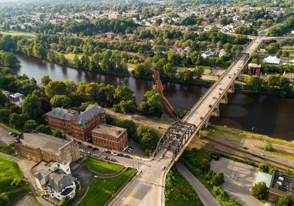 Aerial view of the Lehigh River and downtown area near Hanover Glen in Bethlehem, Pennsylvania