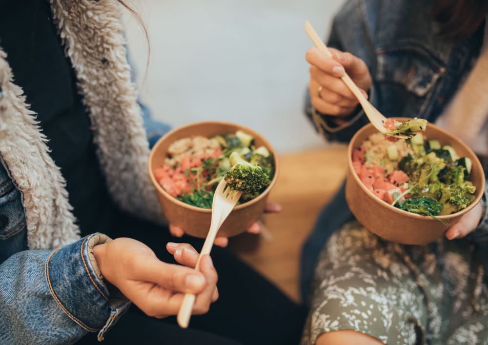 Women enjoying rice bowls near Montebello at Summit Ridge in Reno, Nevada