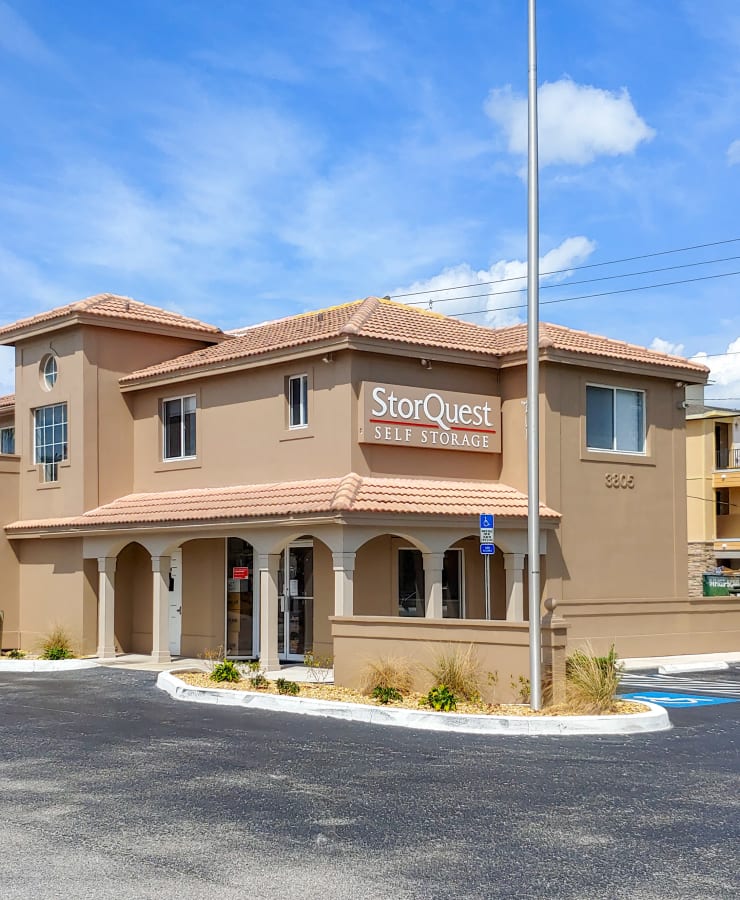 The exterior of the main entrance at StorQuest Self Storage in Bradenton, Florida