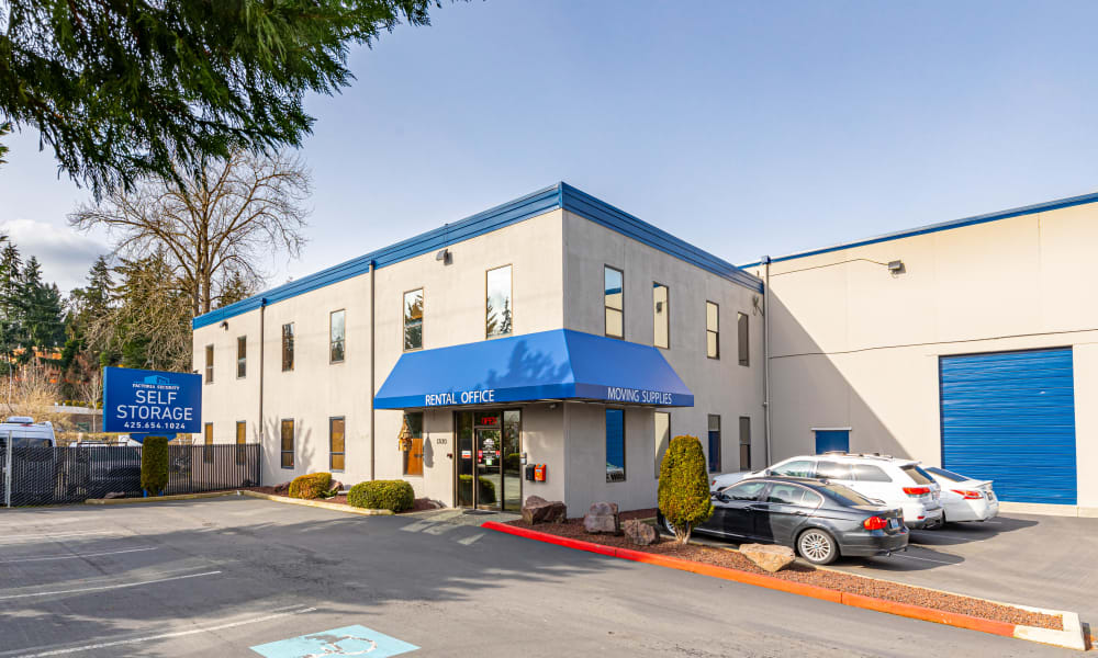 The main entrance at Factoria Security Self Storage in Bellevue, Washington