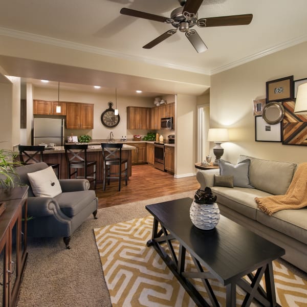 Well-decorated living area with ceiling fan in open-concept floor plan of model home at San Paseo in Phoenix, Arizona