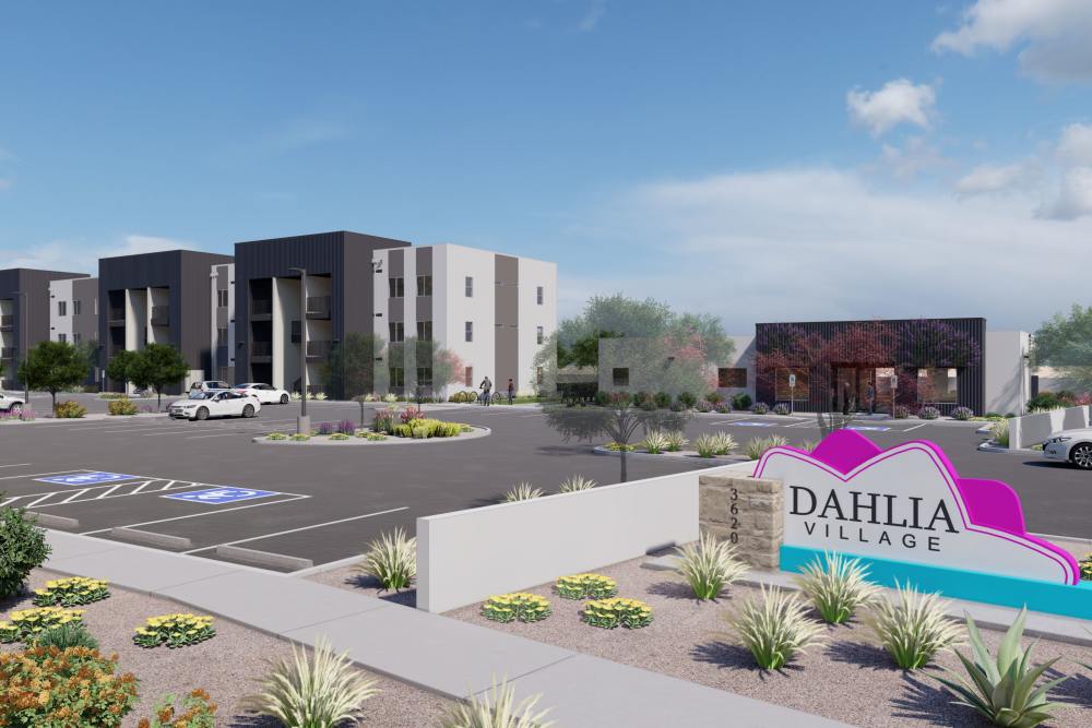 Rendering of entrance sign at Dahlia Village in Phoenix, Arizona 