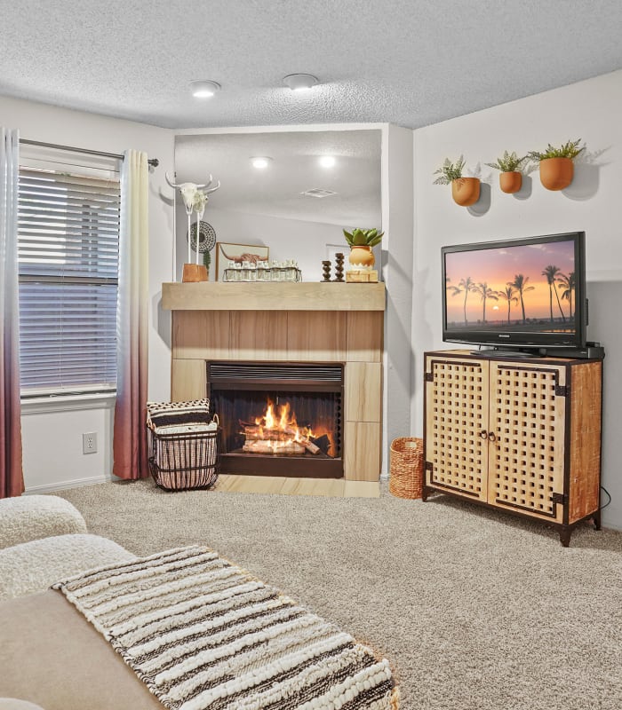 Carpeted living room at Polo Run Apartments in Tulsa, Oklahoma