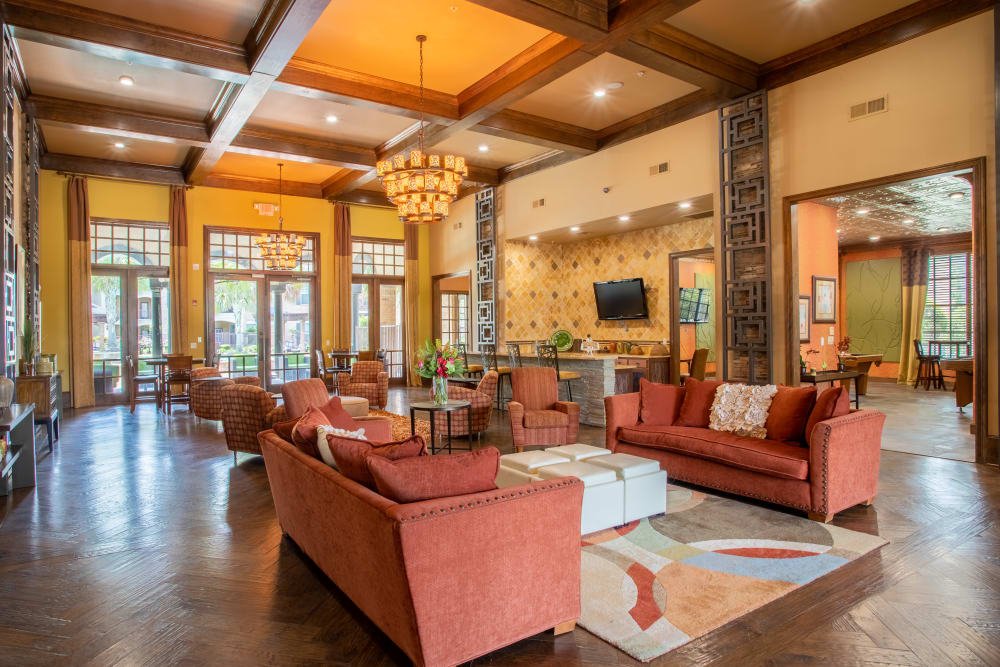 Seating in the lobby at Woodland Hills in Humble, Texas