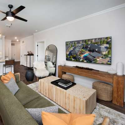 Living room with large television at Timberline View in Buford, Georgia