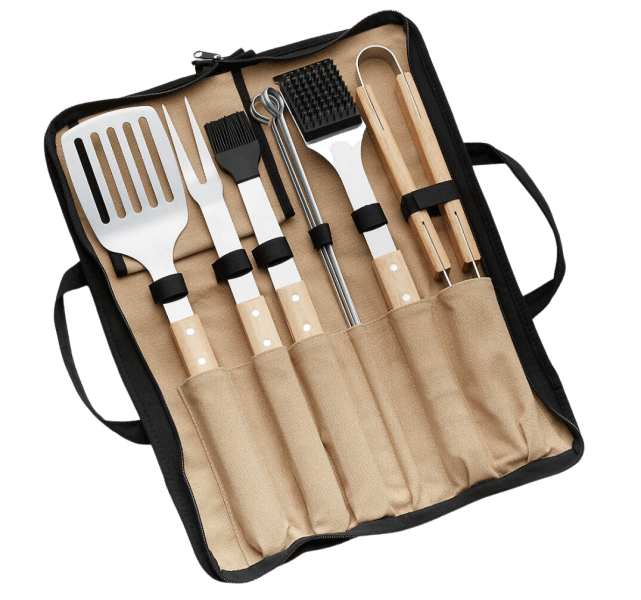 Wood-handled, stainless steel 9-piece barbecue tool set in a canvas carrying case 