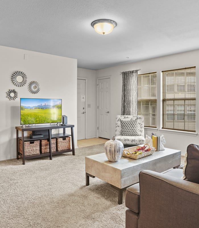 Spacious living room at Villas of Waterford Apartments in Wichita, Kansas