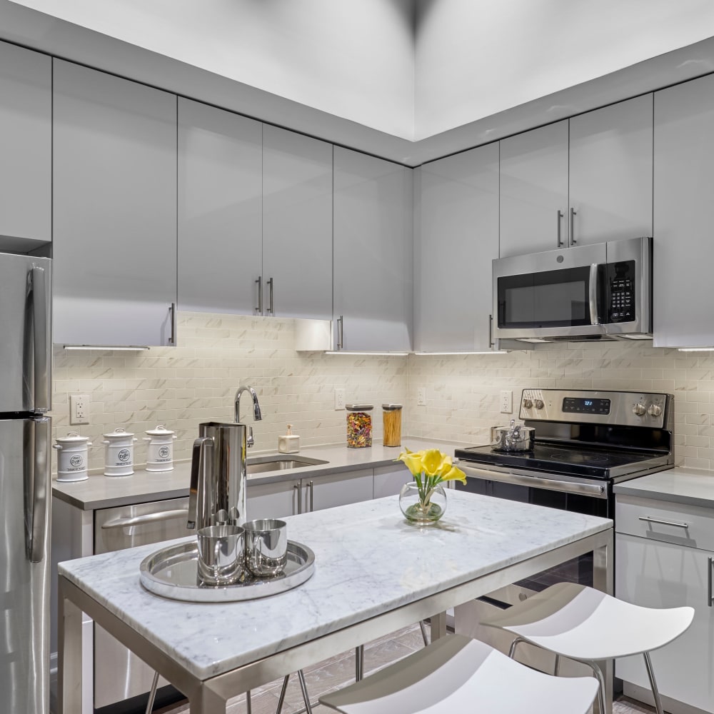 Model kitchen with quartz countertops at 210 Main in Hackensack, New Jersey 