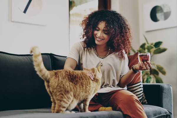 Resident playing with cat at Woodmere Apartments in Cincinnati, Ohio