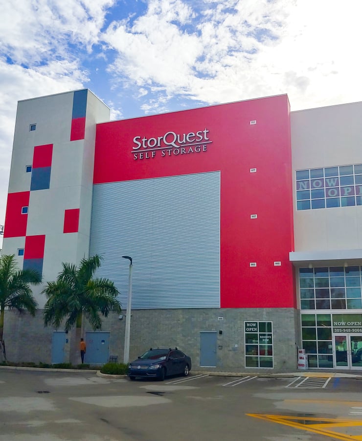 The exterior of the main entrance at StorQuest Self Storage in North Miami Beach, Florida