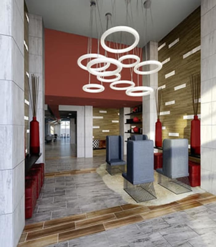 Beautiful decor in the lobby at 50 Front Luxury Apartments in Binghamton, New York