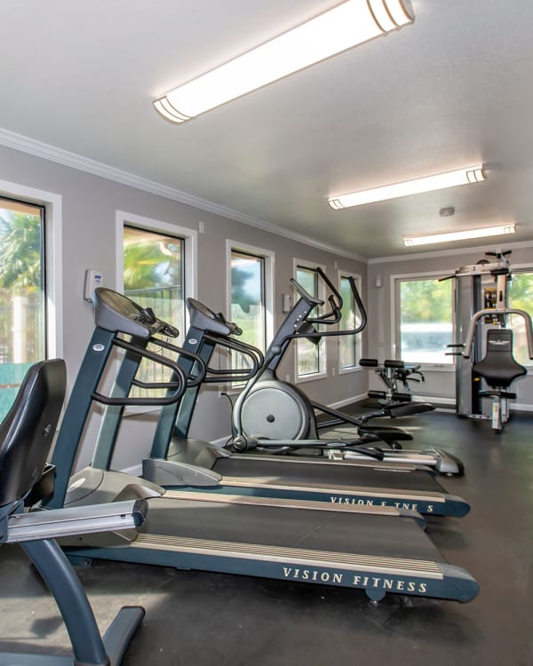 Superb fitness center with cardio machines looking out large windows at the pool area at Sommerset Apartments in Vacaville