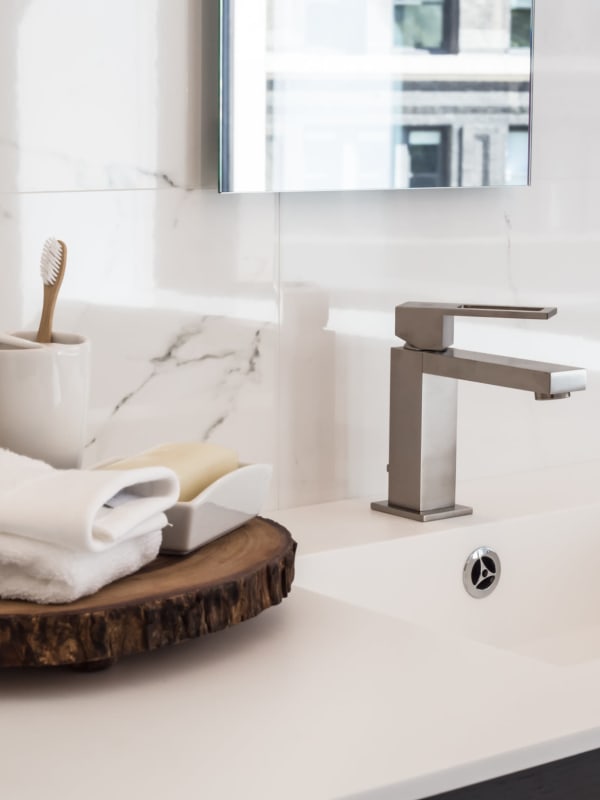 A modern apartment bathroom at Constellation in Huntsville, Alabama