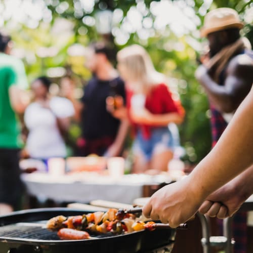 Residents at a barbecue on a beautiful afternoon at Mandalane Apartments in Wheeling, Illinois