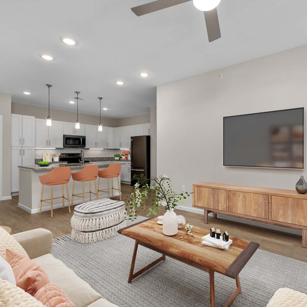 View of the kitchen from the living room at Citrine at Lake St. Louis in Lake Saint Louis, Missouri