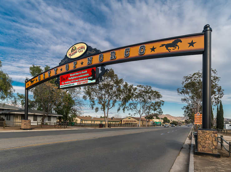 Welcome sign at Norco Valley Square in Norco, California