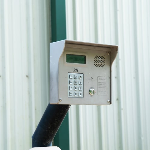 Keypad at entrance gate of Red Dot Storage in Madisonville, Louisiana