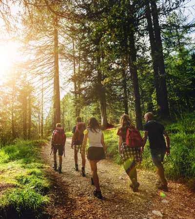 Hiking through a wooded park near Ventura Park Plaza Apartments in Portland, Oregon