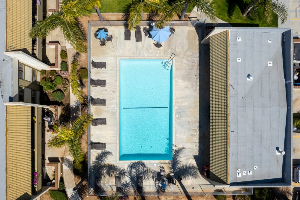 View of the Royal Village Apartments community pool from above in San Diego, California