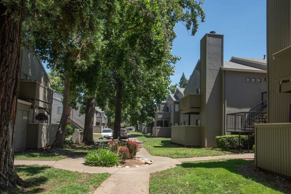 Landscaping and pathways at Zinfandel Ranch Apartments in Rancho Cordova, California