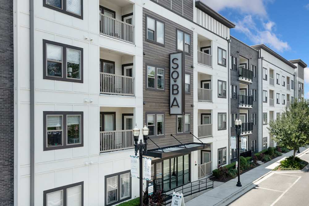 Exterior and main entrance at SoBA Apartments in Jacksonville, Florida