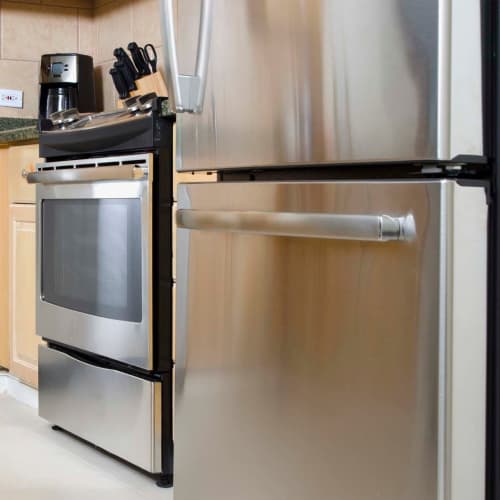 Kitchen with stainless-steel appliances at District at 54 in Raleigh, North Carolina