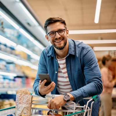 A resident shopping groceries in a nearby supermarket at Century Medical District, Dallas, Texas