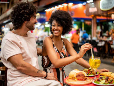 Residents out for a meal near St. Michael's Apartments in Riverside, California