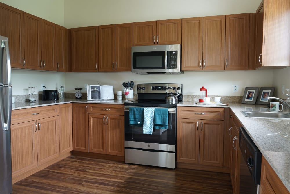 An apartment kitchen at Harmony at Morgantown in Morgantown, West Virginia
