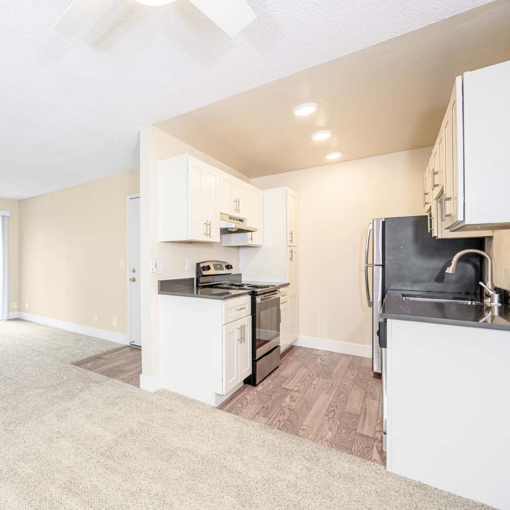 Open kitchen with with white cabinetry and trendy appliances at Vista in San Jose, California