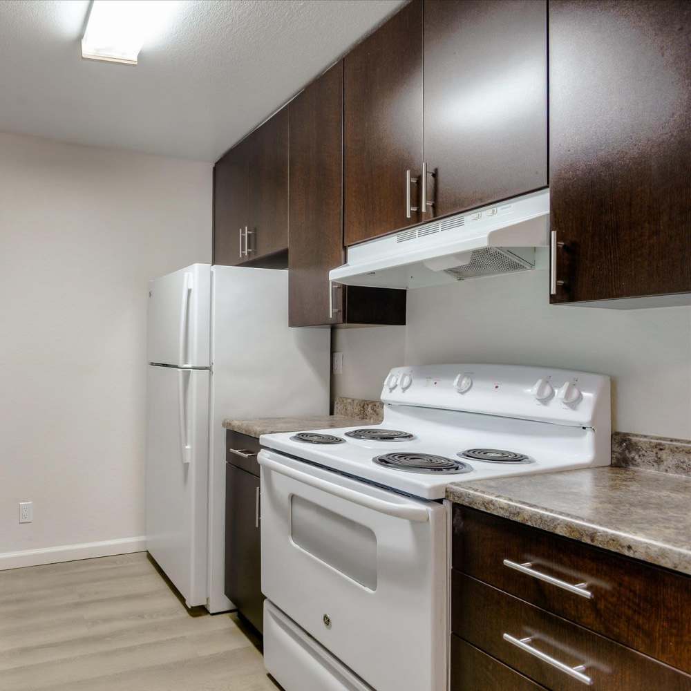 Kitchen with wooden cabinets and a refrigerator at Terman Apartments in Palo Alto, California