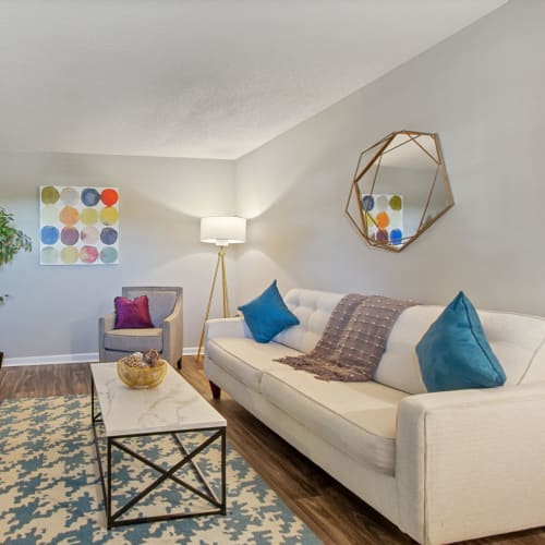 A sofa in the living room of an apartment at Vesta Creeks Run in North Charleston, South Carolina