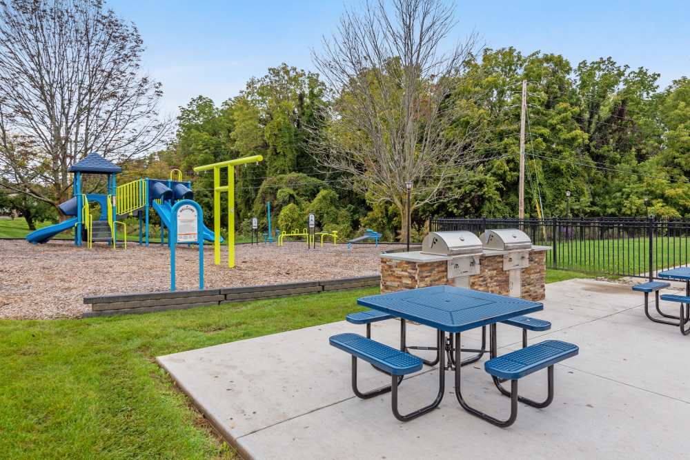 Grilling area with picnic tables near a playground