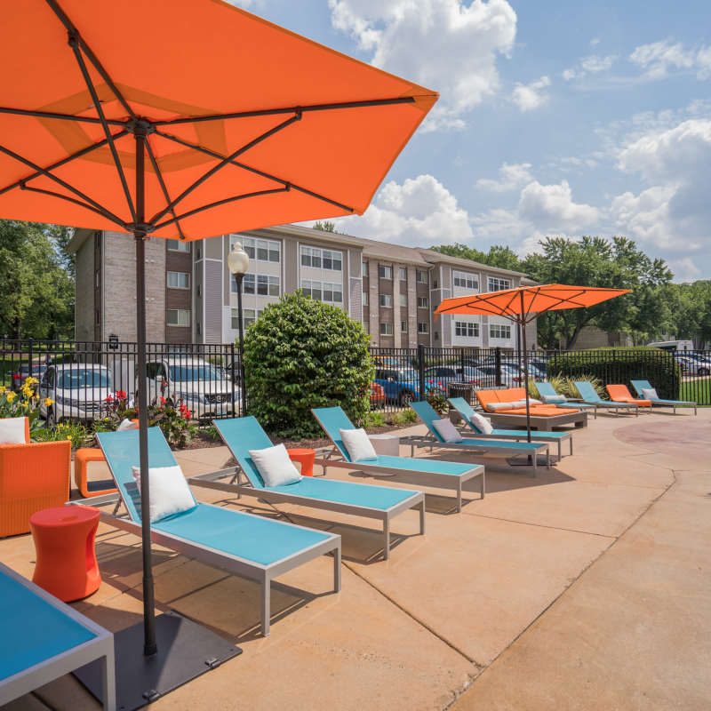 Lounge chairs and umbrellas at The Encore, Alexandria, Virginia