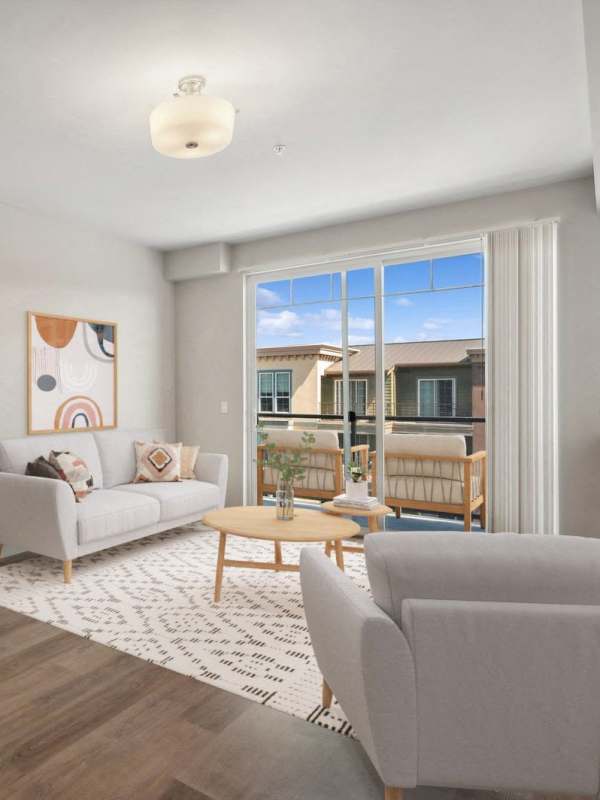 Living room in apartment at Village on Main in Tacoma, Washington