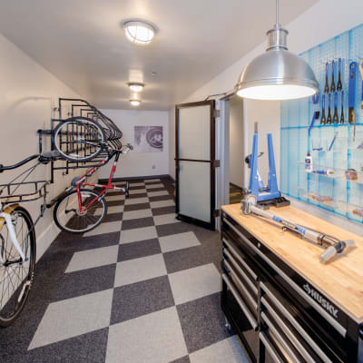 Kitchen and lounge area in the clubhouse at 2900 on First Apartments in Seattle, Washington