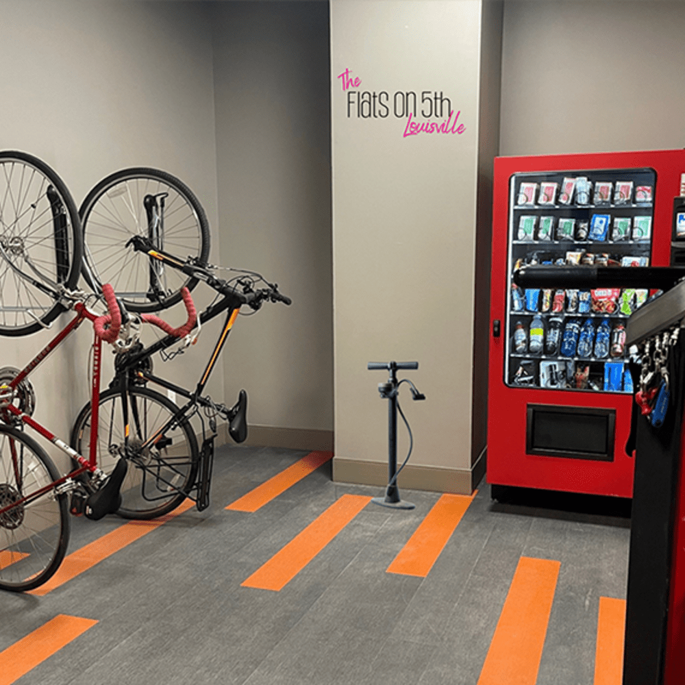 Interior bi-cycle parking and vending machine at Flats on Fifth in Louisville, Kentucky