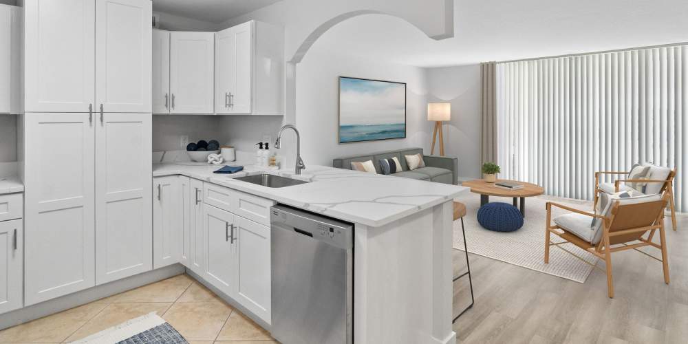 Apartment kitchen with quartz counters and stainless steel appliances at Waters Pointe in South Pasadena, Florida