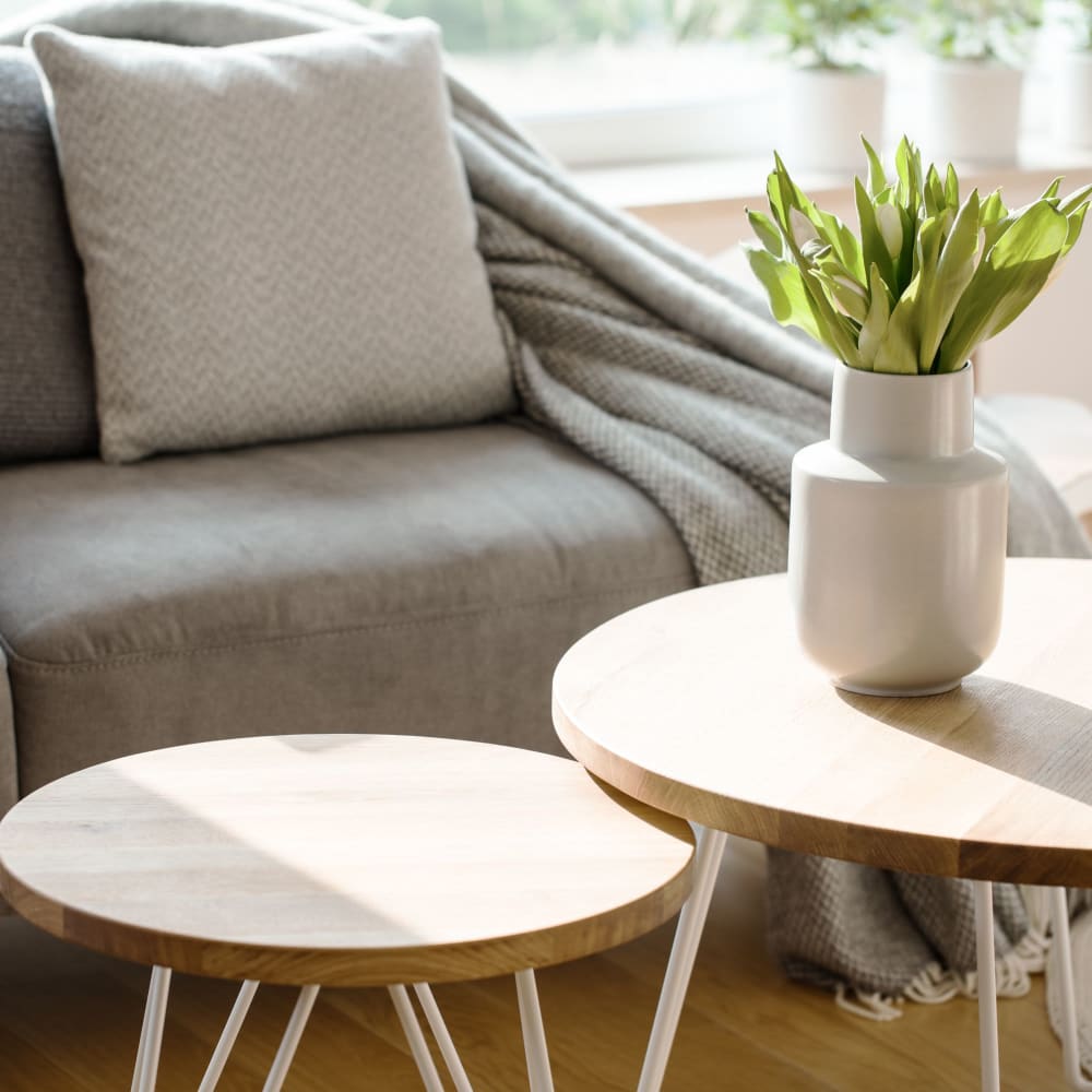 Hardwood-style flooring in the well-furnished living area of an apartment home at TwentyOne15 in Arlington, Texas