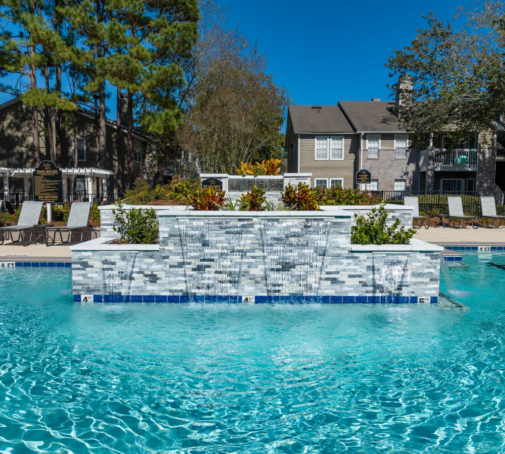 A fountain waterfall pool at Arbor Gates in Fairhope, Alabama