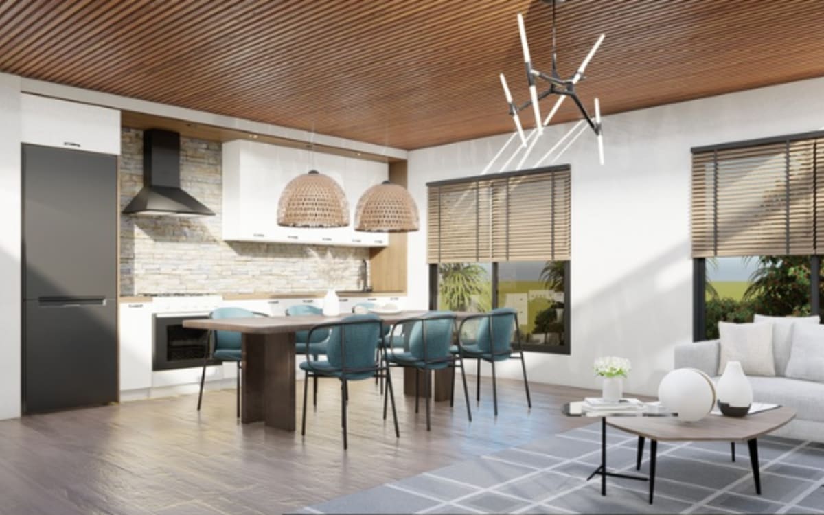 Modern kitchen with wooden cabinets at The Residences at Patapsco in Ellicott City, Maryland
