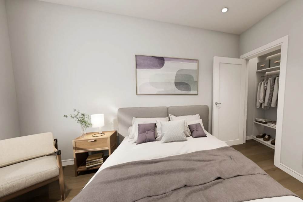 Bedroom with closet at The Acacia in Palo Alto, California